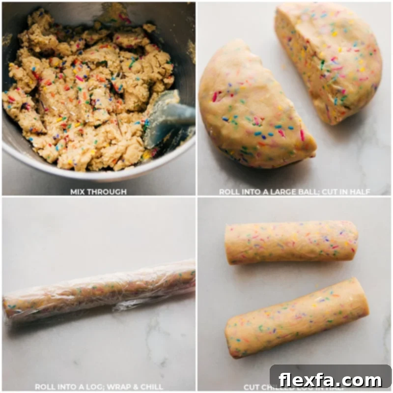 Process shots showing cookie dough being rolled into an even log, then tightly wrapped in plastic wrap, ready for chilling in the refrigerator.