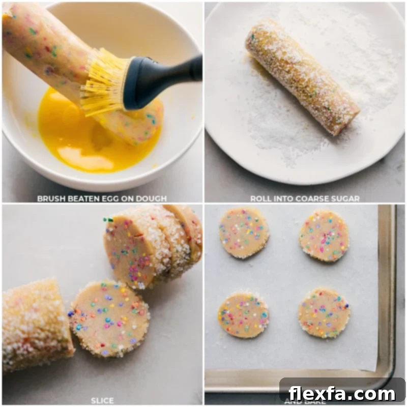 Process shots of a chilled cookie dough log being brushed with egg wash, then rolled in coarse sparkling sugar, and finally sliced into thin discs ready for baking.