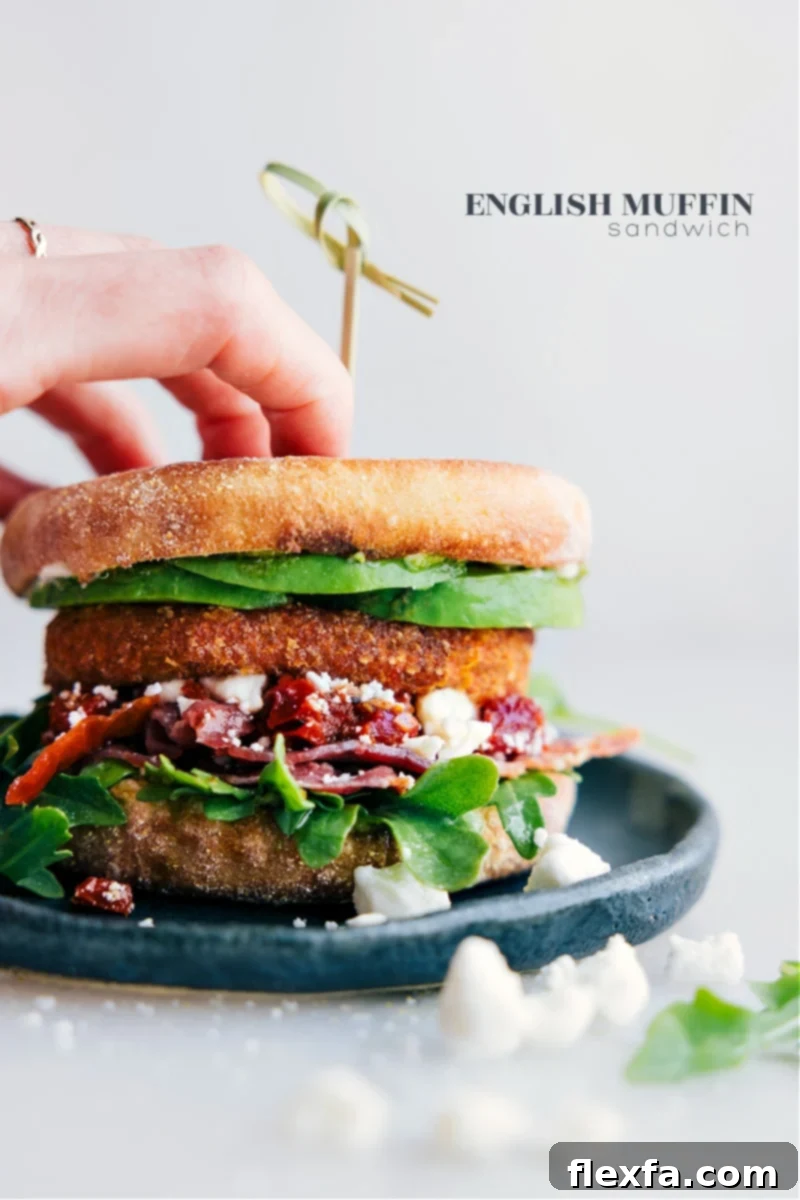 A beautifully presented English Muffin Sandwich on a plate, featuring visible layers of avocado, pesto, feta, bacon, and a crispy sweet potato hash brown.
