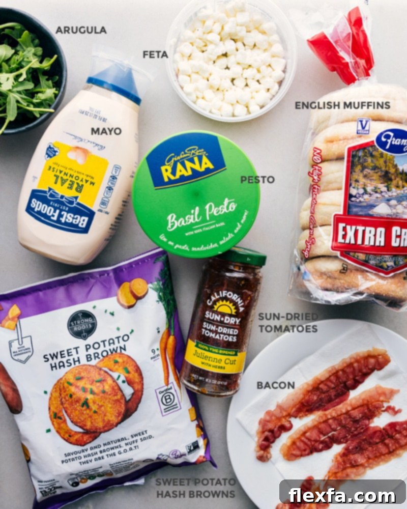 A colorful array of ingredients prepped for easy assembly: fresh arugula, crumbled feta, mayonnaise, vibrant basil pesto, sun-dried tomatoes, toasted English muffins, crispy sweet potato hash browns, and cooked bacon.