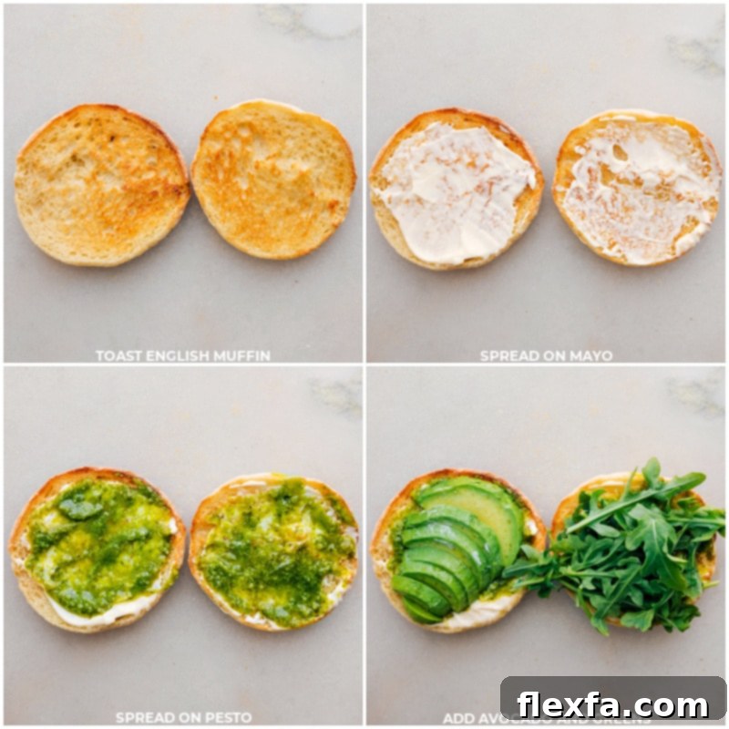 Step-by-step images showing the preparation of the English Muffin Sandwich: toasting the muffins, spreading mayonnaise and pesto, and finally adding avocado slices and fresh greens.