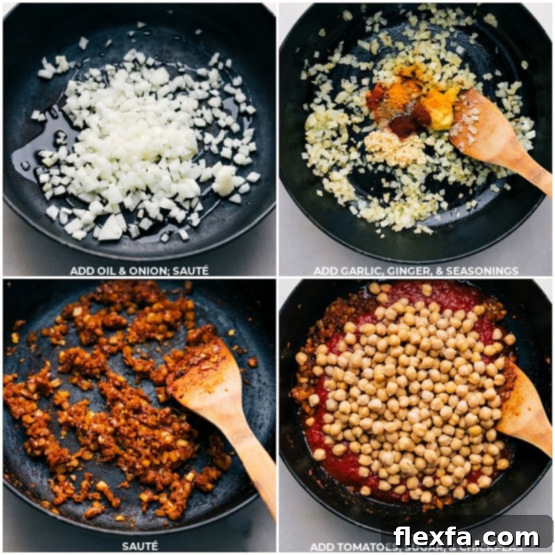 Step-by-step process of making Butter Chickpeas: Images showing onions sautéing, then garlic, ginger, and spices being added, followed by crushed tomatoes, sugar, and chickpeas simmering in a pot.