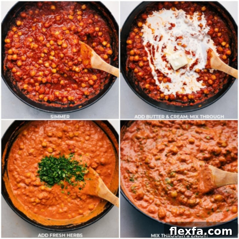 The final step in making Butter Chickpeas: showing butter, cream, and fresh cilantro being stirred into the rich tomato and chickpea curry, creating a smooth and vibrant dish.