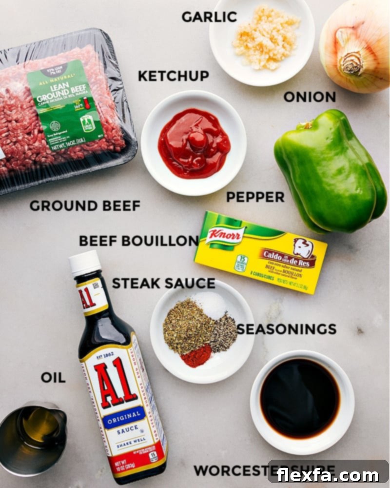 A collage of ingredients for Philly Cheesesteak Sloppy Joes, including ground beef, diced onions and peppers, provolone cheese, various sauces, and spices.