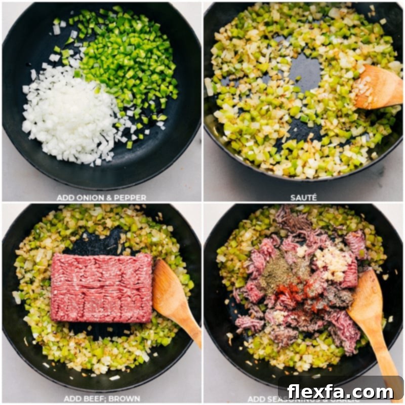 Process images showing diced onions, peppers, ground beef, and seasonings being sautéed in a cast-iron skillet, followed by an image of brioche buns being buttered and toasted in the oven.