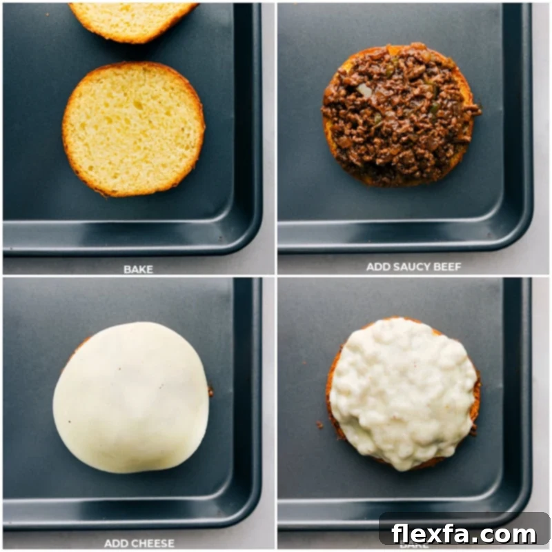 Close-up process shots showing the saucy ground beef mixture being scooped onto toasted brioche buns, topped with provolone cheese, and then baked until the cheese is melted and golden.