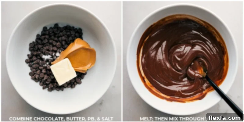 A close-up shot of chocolate chips, creamy peanut butter, melted butter, and a splash of vanilla extract being mixed in a bowl.
