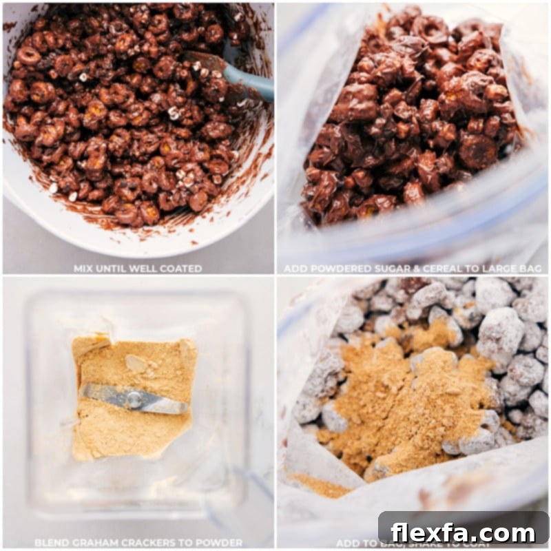 A large bag showing chocolate-coated cereal, powdered sugar, and graham cracker crumbs being shaken together to create S'mores Muddy Buddies.