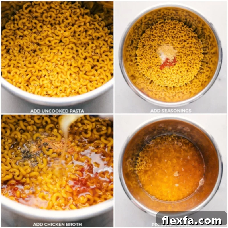 Watch the transformation as raw pasta, seasonings, and chicken broth go into the Instant Pot, then pressure cook to perfection for the ultimate Mac and Cheese. Process shots of Instant Pot Mac and Cheese-- images of the uncooked pasta being added along with seasonings and chicken broth. Then it all being pressure cooked