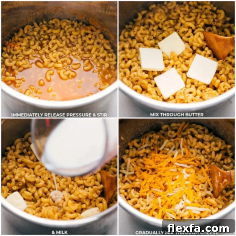 Witness the transformation as butter, milk, and various cheeses are expertly mixed into the perfectly cooked pasta, creating an irresistibly creamy Instant Pot Mac and Cheese. Process shots-- images of the butter, milk, and cheese being mixed through the Instant Pot Mac and Cheese dish