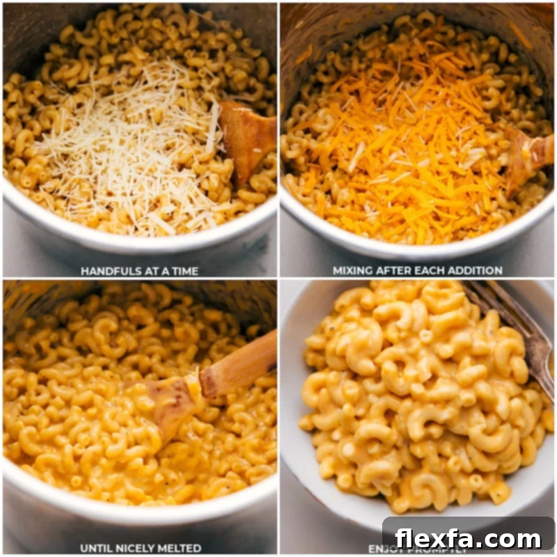 The best Instant Pot Mac and Cheese is revealed: images show cheese being added, creating an incredibly creamy, indulgently rich, and bursting with cheesy goodness, ready to be enjoyed effortlessly fast. Process shots of instant pot Mac and cheese-- images of the cheese being added and it all being enjoyed