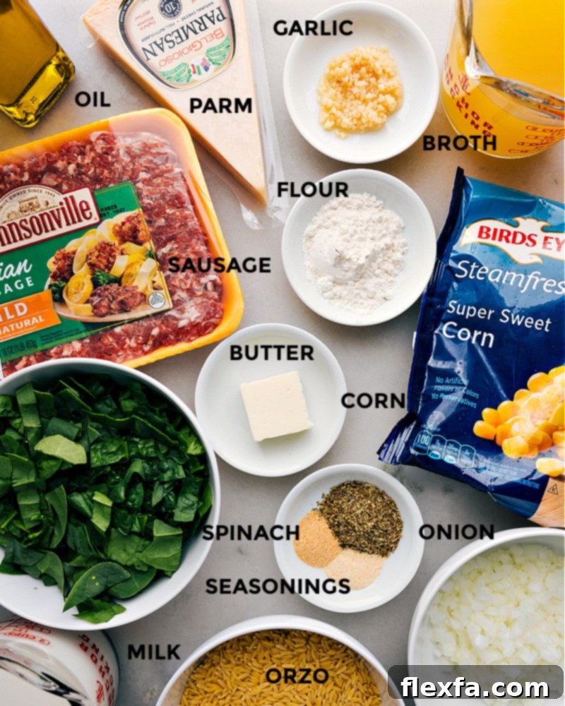 All ingredients for Sausage, Corn, and Spinach Orzo laid out on a table