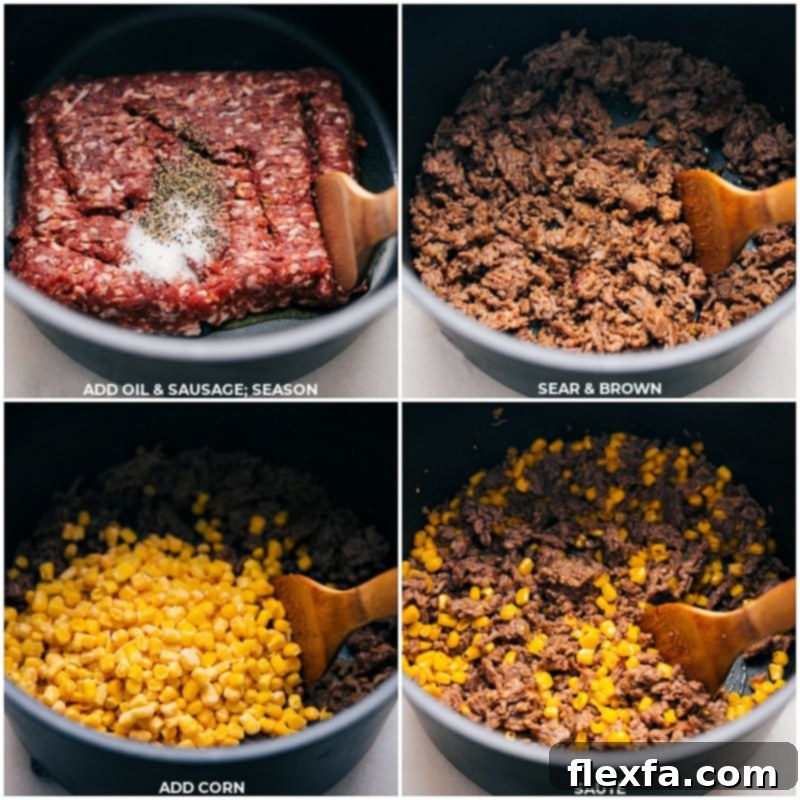 Process shots: browning Italian sausage and adding corn to the pot