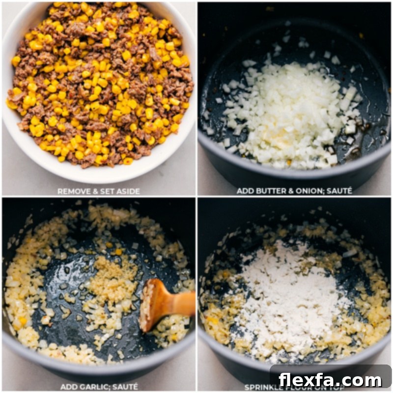 Process shots: cooked sausage and corn removed, onions and garlic sautéing in the pot