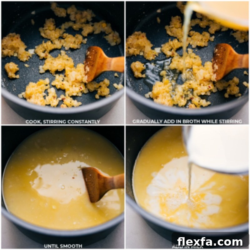 Process shots: creamy sauce being made in the pot for orzo