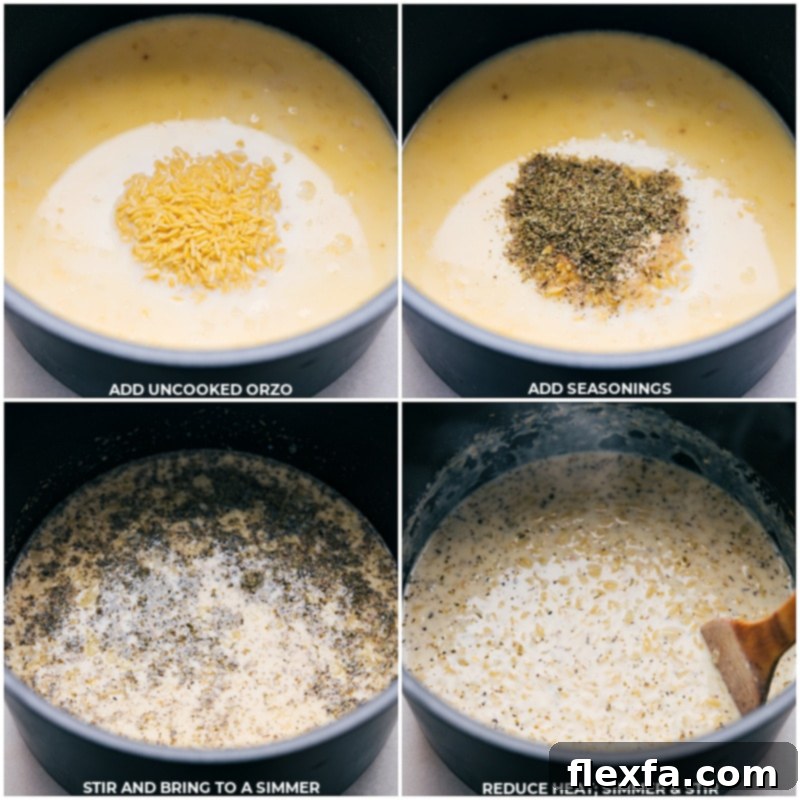 Process shots: uncooked orzo and seasonings being added to the pot