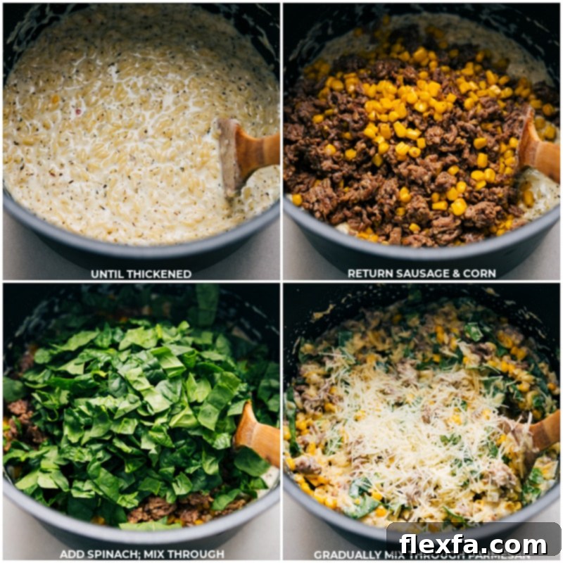 Process shots: sausage and corn added back with spinach and Parmesan into the pot