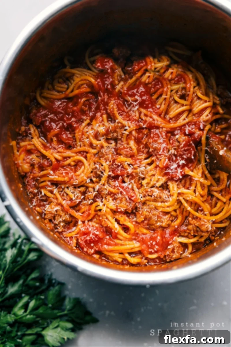Overhead shot of Instant Pot Spaghetti served in a bowl, garnished with Parmesan and parsley.
