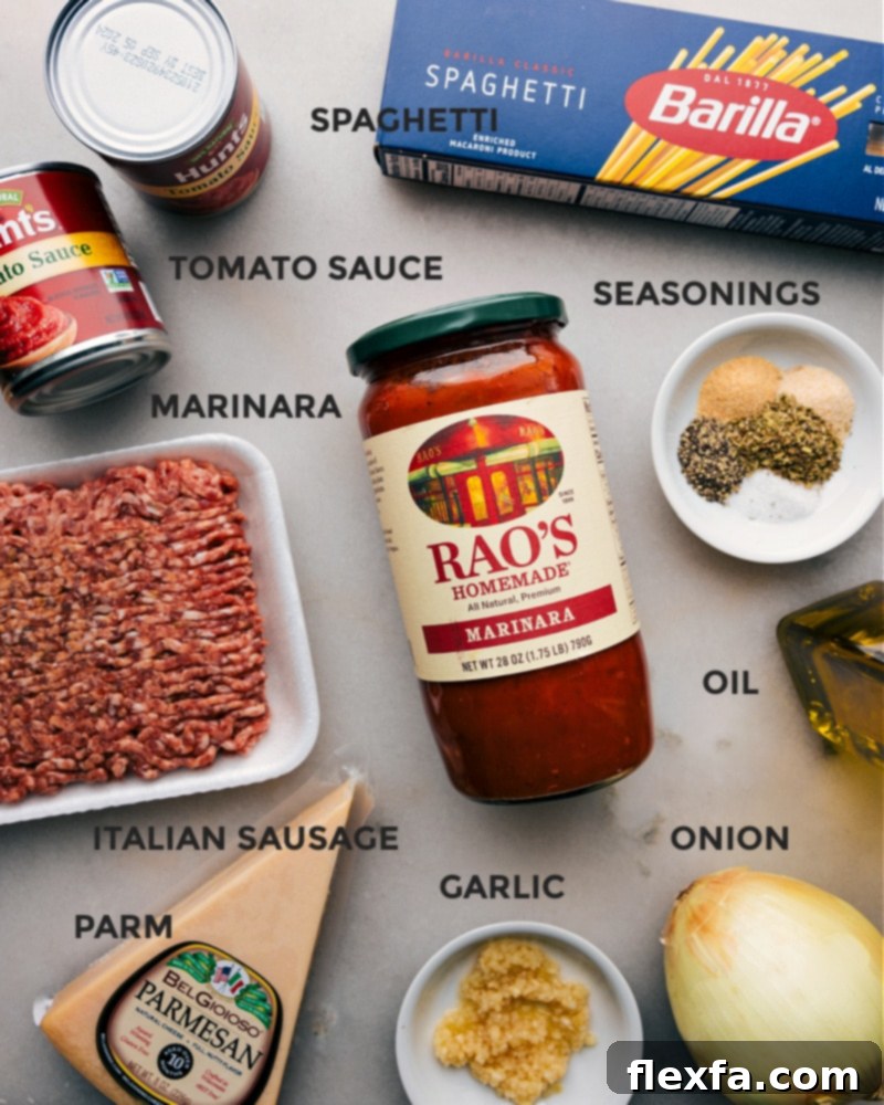 A vibrant flat lay image showcasing all the fresh ingredients for Instant Pot Spaghetti, including Italian sausage, onions, garlic, marinara sauce, and spaghetti noodles.