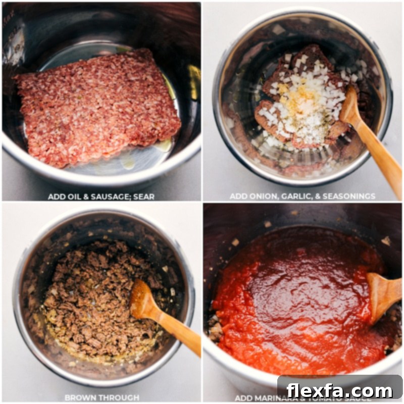A sequence of process images showing Italian sausage browning in the Instant Pot, followed by the addition of onions, garlic, seasonings, marinara, and tomato sauce.