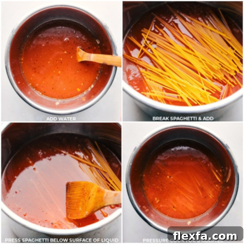 Process shots demonstrating how to add spaghetti in a criss-cross pattern to the Instant Pot and then sealing it for pressure cooking.