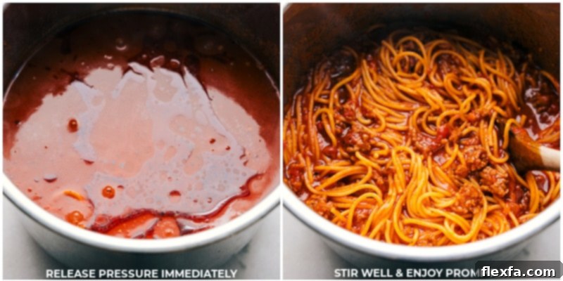 Process images showing the Instant Pot after cooking, with steam being released, followed by the stirring of the cooked spaghetti and sauce.