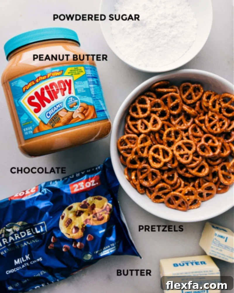 A colorful array of ingredients for Peanut Butter Pretzel Bars, including crushed pretzels, butter, powdered sugar, peanut butter, and chocolate chips.