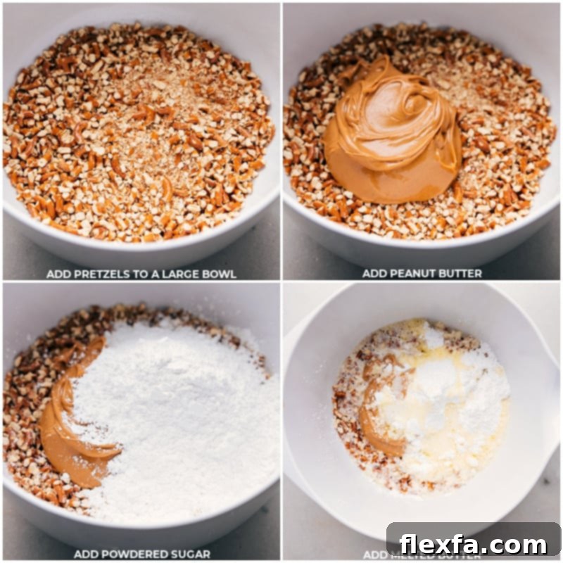 Ingredients for the pretzel base, including crushed pretzels, peanut butter, powdered sugar, and melted butter, being mixed together in a large bowl.