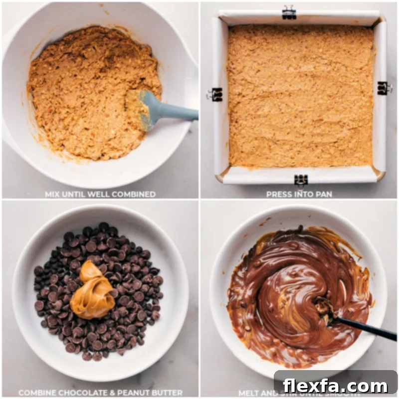 Process images showing the pretzel base pressed into a pan, followed by chocolate and peanut butter melting together for the topping.
