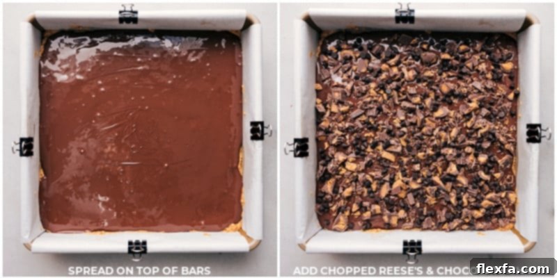 Spreading melted chocolate over the pretzel base and topping with chopped peanut butter cups and mini chocolate chips.