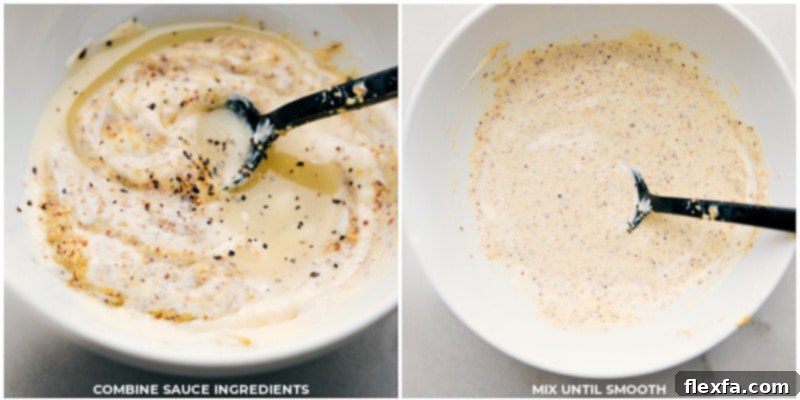 The secret to our delicious Cabbage, Potatoes, and Sausage: a quick and easy creamy Dijonaise sauce. Process shots showing how to prepare the creamy Dijonaise sauce for Cabbage, Potatoes, and Sausage.