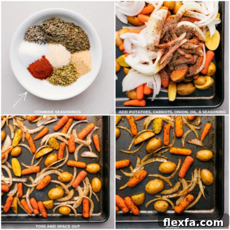 Preparing the vegetables for our Cabbage, Potatoes, and Sausage sheet pan dinner: seasoning and tossing for perfect roasting. Process shots of seasoning and tossing potatoes, carrots, and onions on a large sheet pan before roasting for Cabbage, Potatoes, and Sausage.