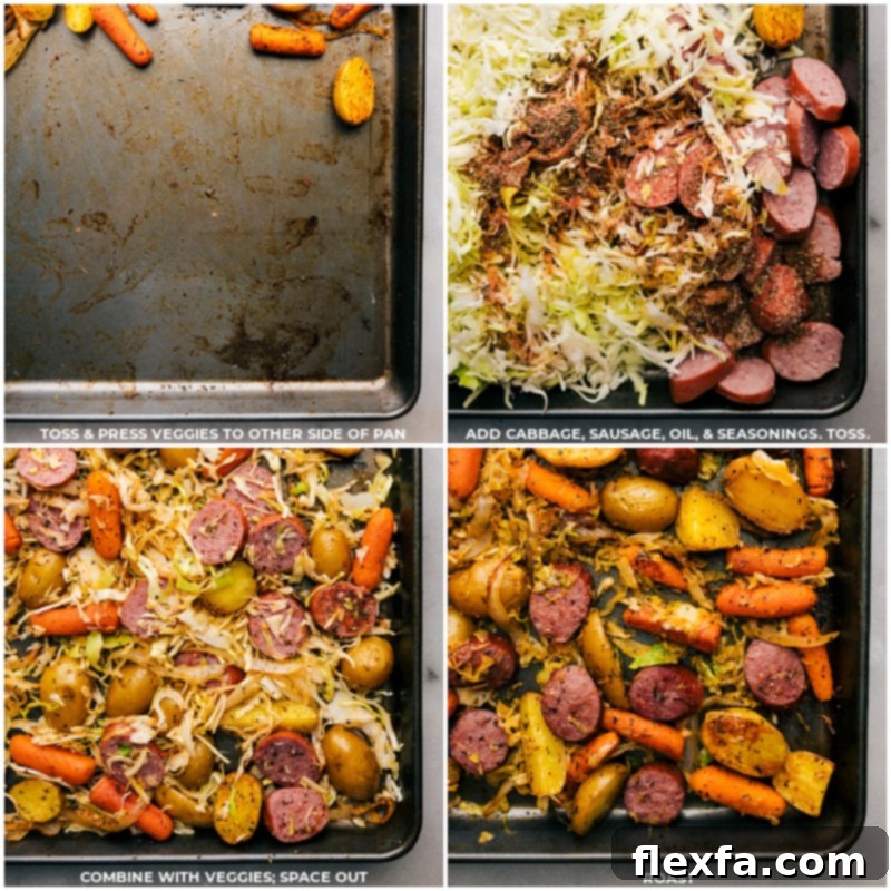 Combining all elements for the Cabbage, Potatoes, and Sausage sheet pan dinner: roasted veggies, smoky sausage, and tender cabbage. Process shots of adding cabbage and sausage to the partially roasted vegetables on the sheet pan, tossing with oil and seasonings.