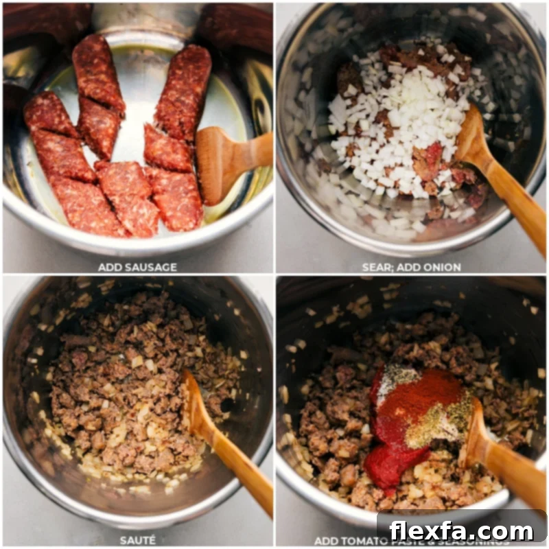 A step-by-step visual showing ground Italian sausage being browned, then diced onion added, followed by tomato paste and various seasonings being stirred into the pot.