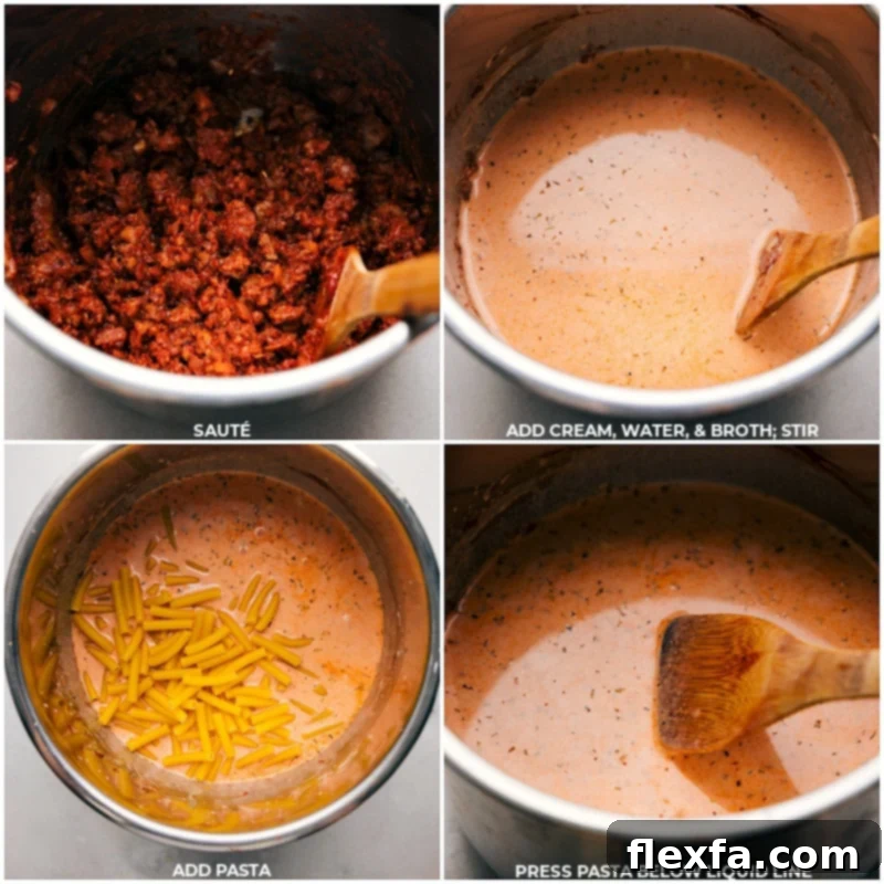 A visual sequence showing liquids (cream, water, broth) and uncooked ziti pasta being carefully added in layers to the Instant Pot, without stirring.