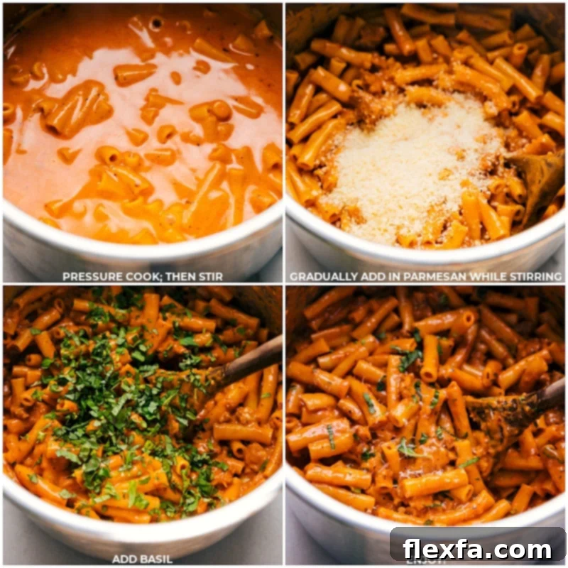 Instant Pot Baked Ziti being finished: The pot is open after pressure cooking, and grated Parmesan cheese and fresh basil are being stirred in, creating a creamy, vibrant dish.