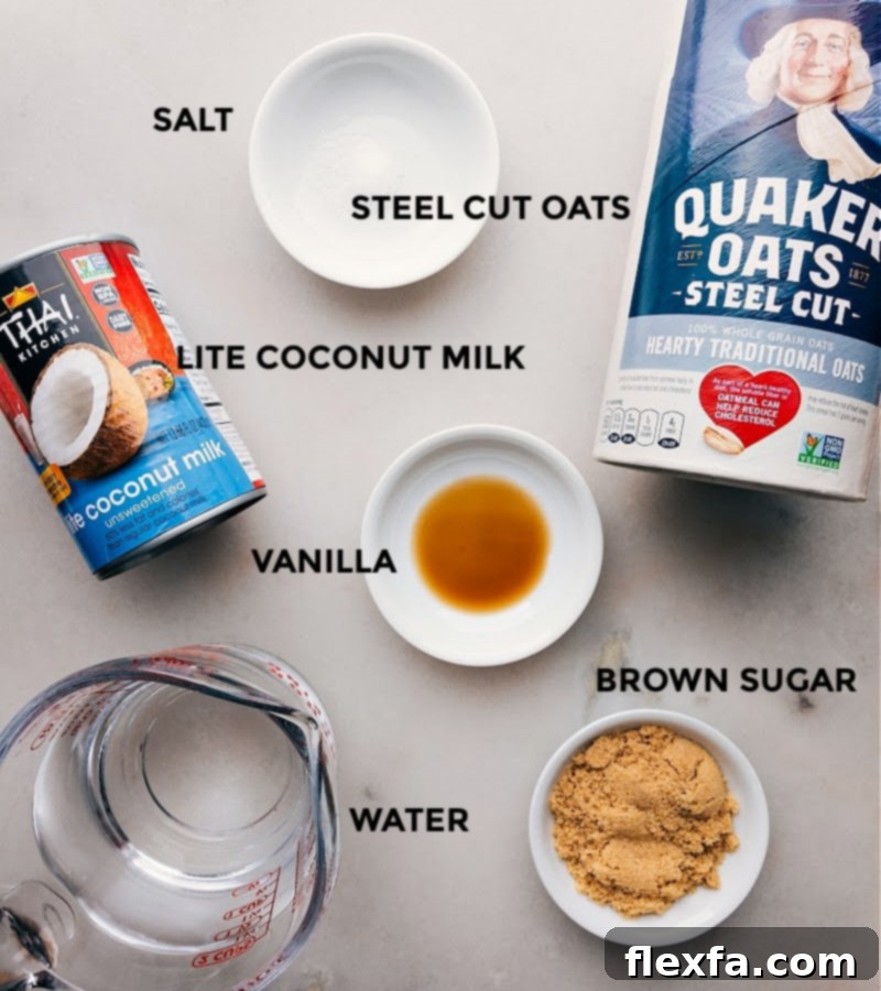 Key Ingredients for Delicious Instant Pot Oatmeal All the essential ingredients for making Instant Pot Oatmeal laid out neatly on a counter, including steel-cut oats, lite coconut milk, brown sugar, vanilla extract, and cinnamon.
