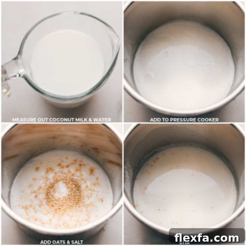 Prepping Instant Pot Oatmeal: Layering Ingredients Step-by-step process of preparing Instant Pot Oatmeal, showing coconut milk, water, steel-cut oats, and salt being added to the Instant Pot inner pot.