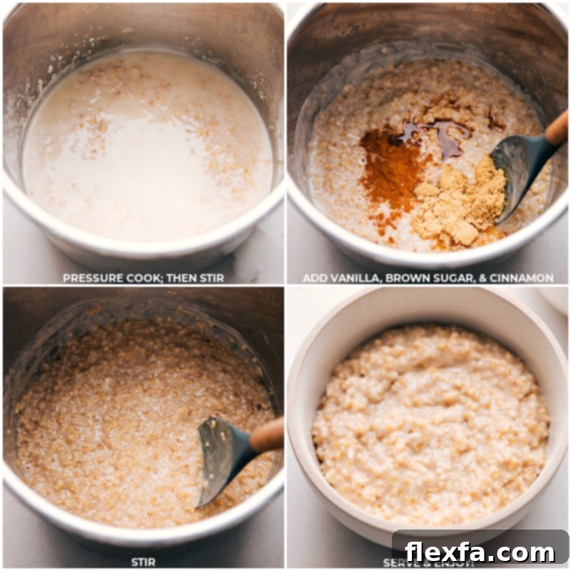 Finishing Touches: Flavoring Instant Pot Oatmeal The final stages of Instant Pot Oatmeal preparation, showing the addition of vanilla extract, brown sugar, and cinnamon after pressure cooking for a perfectly flavored breakfast.