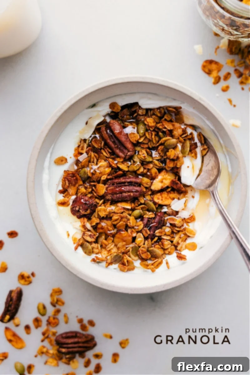 Delicious overhead shot of Pumpkin Granola in a bowl, showcasing crunchy oats, nuts, and pumpkin seeds.