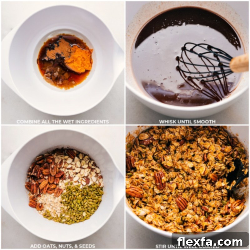 Sequence of images showing the preparation process of Pumpkin Granola, from combining wet and dry ingredients in a bowl to mixing them thoroughly until coated.