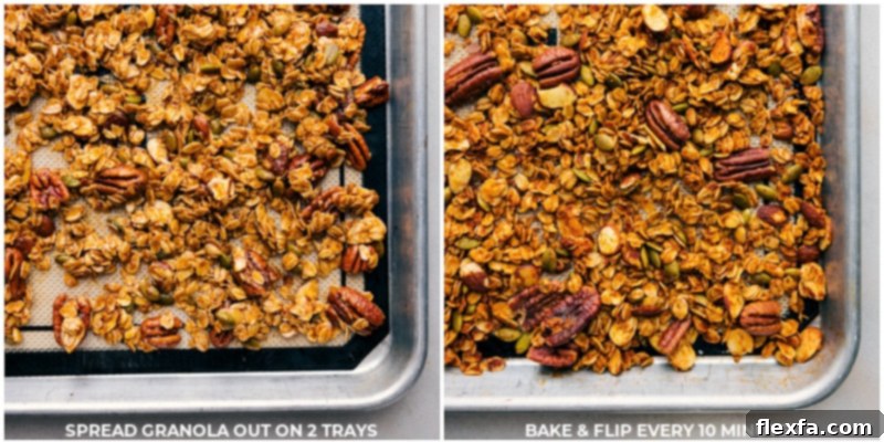 Close-up process shots showing Pumpkin Granola baking in the oven, turning golden brown and forming crunchy clusters on a baking sheet.
