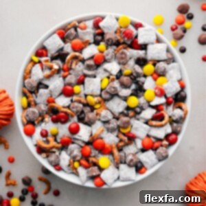 A beautifully arranged bowl of Fall Muddy Buddies, showcasing the delightful blend of chocolate and powdered sugar-coated Chex cereal, interspersed with seasonal candies and crunchy pretzels for a festive autumn snack.