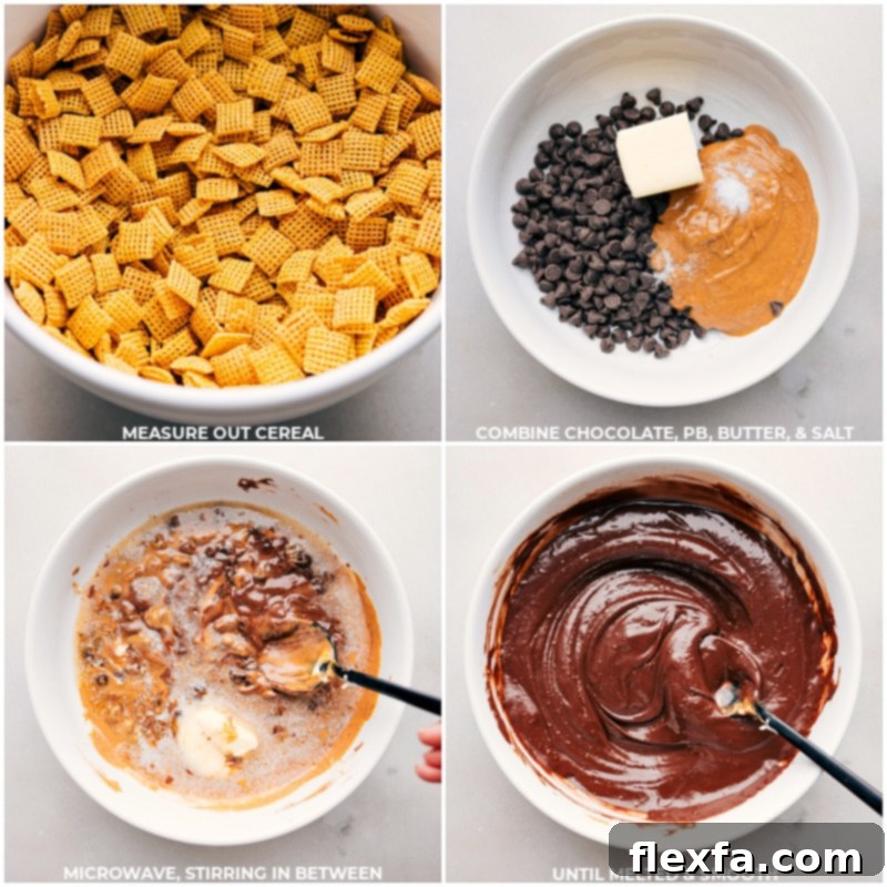 A culinary sequence showing the creation of Fall Muddy Buddies: first, corn Chex cereal being measured into a bowl, followed by a close-up of chocolate chips, peanut butter, and salt combined in a separate bowl, and finally, the mixture being gently heated until perfectly smooth and melted.