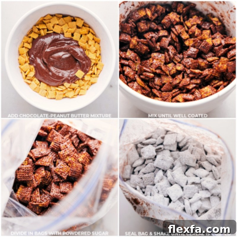 A visual guide to making Fall Muddy Buddies, showing the process: warm chocolate mixture being poured over corn Chex cereal in a large bowl, followed by gentle mixing to coat, then transferring batches into resealable bags with powdered sugar, and finally, vigorous shaking for a uniformly coated, delicious treat.