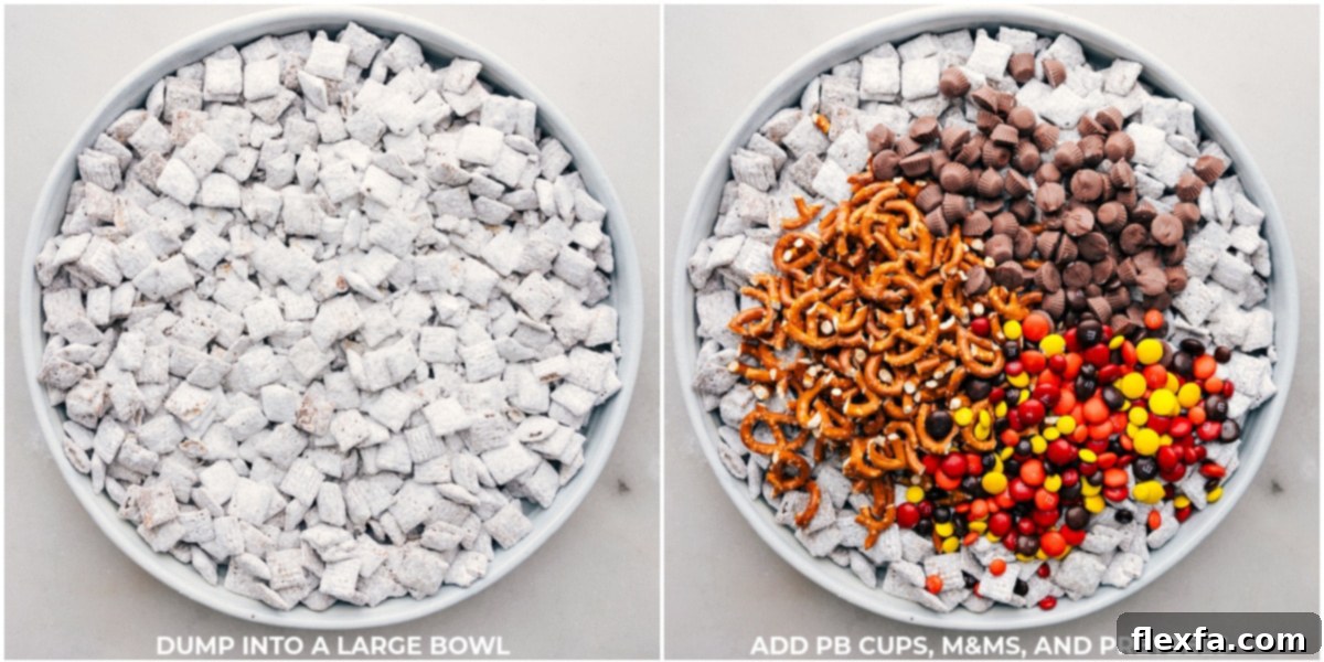 The delightful transformation of Fall Muddy Buddies: from perfectly sugar-coated Chex cereal, freshly shaken, to the final, irresistible treat enhanced with a colorful array of tasty mix-ins like M&M's, mini Reese's, and pretzels for added texture and flavor.