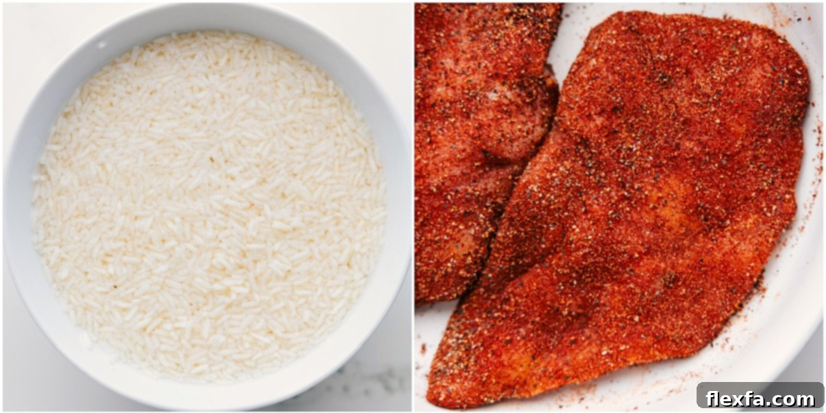 How To Make Chicken Rice Foil Packs Rice being soaked and chicken rubbed in seasoning for this chicken rice foil packs.