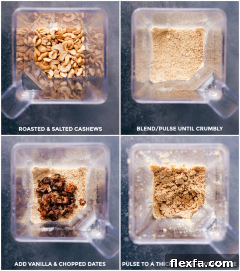 Process of blending cashews and dates in a food processor for No-Bake Energy Bites.