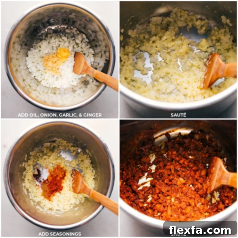 Combining oil, onion, garlic, ginger, and seasonings in the instant pot, initiating the sautéing process.
