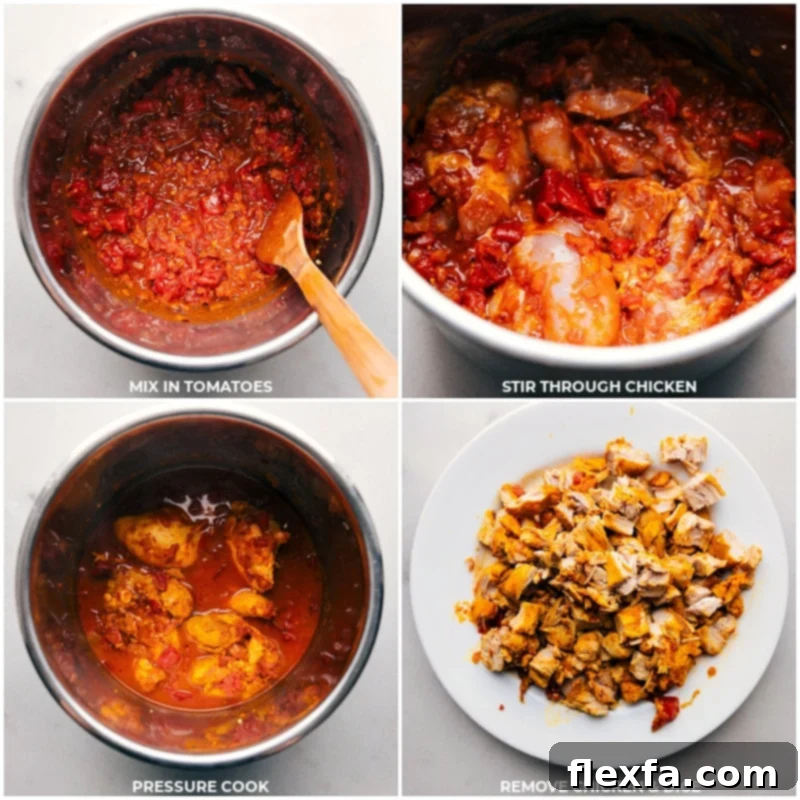 Tomatoes stirred into the mixture, chicken added and pressure-cooked, followed by removal and dicing.